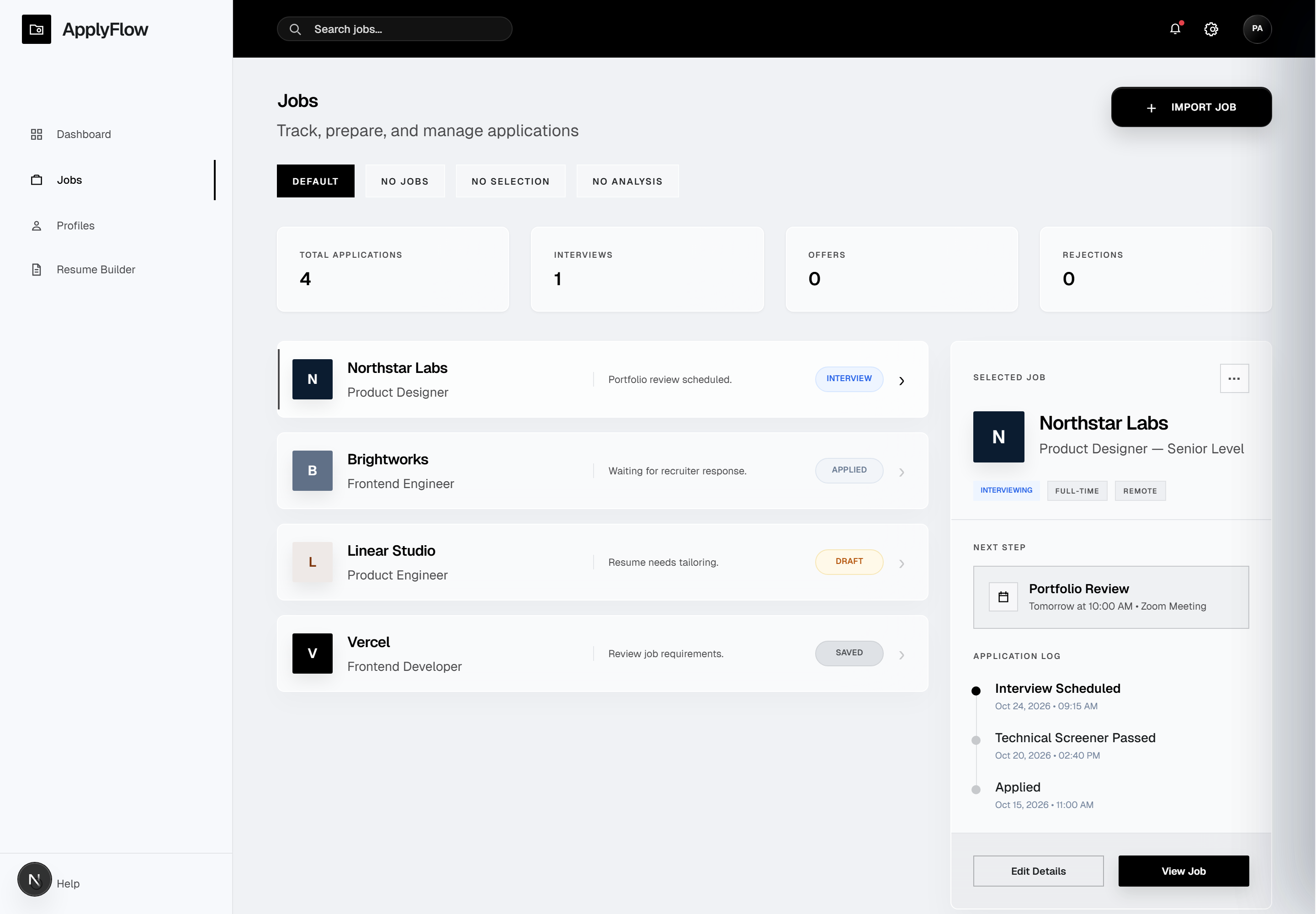 ApplyFlow jobs dashboard screenshot.
