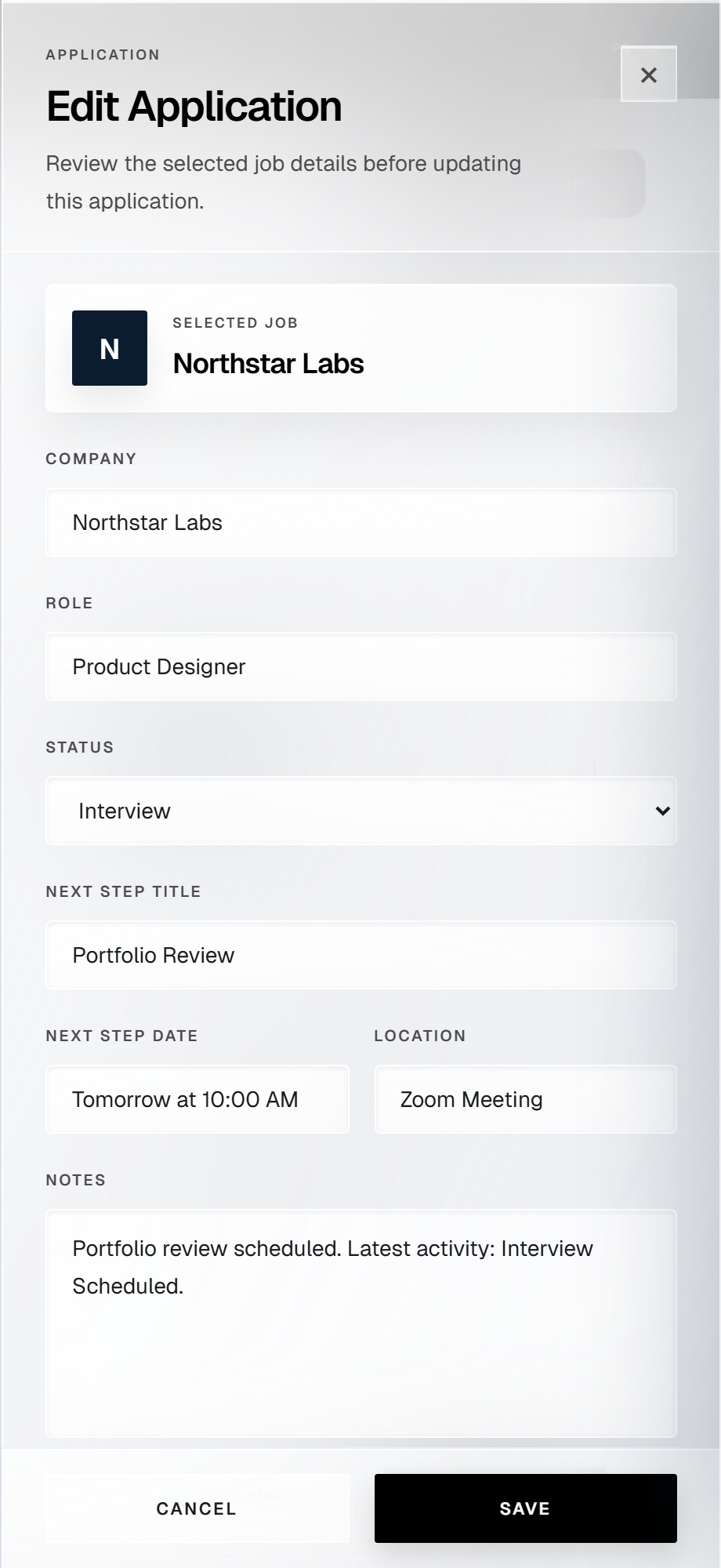 ApplyFlow edit application drawer screenshot.