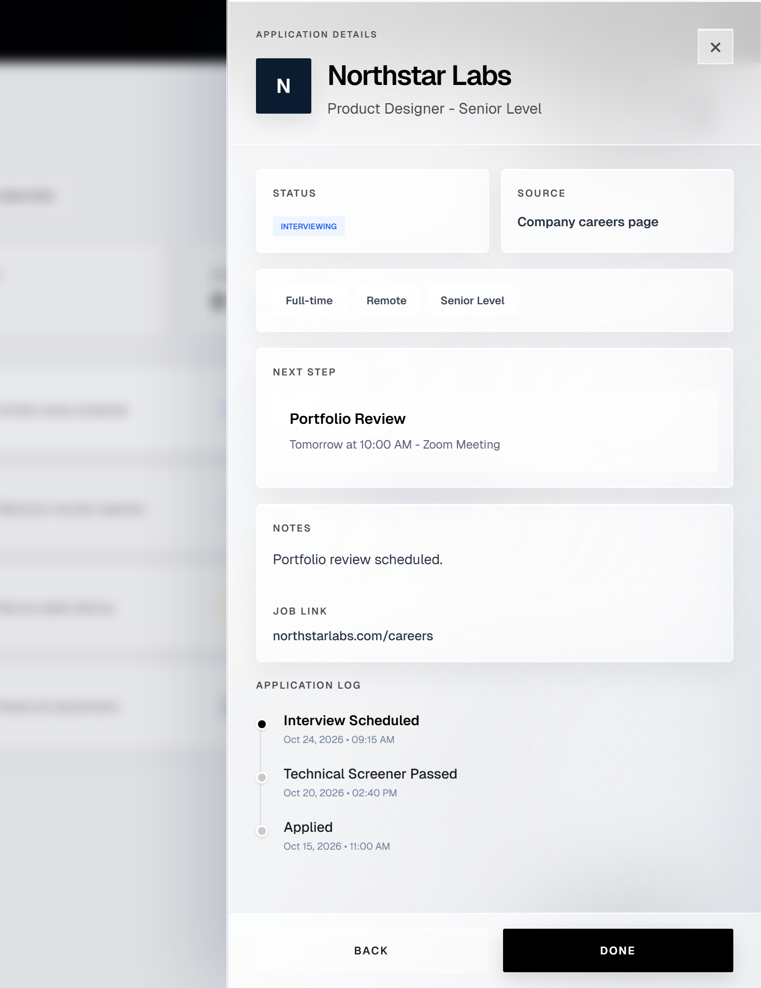 ApplyFlow application details drawer screenshot.