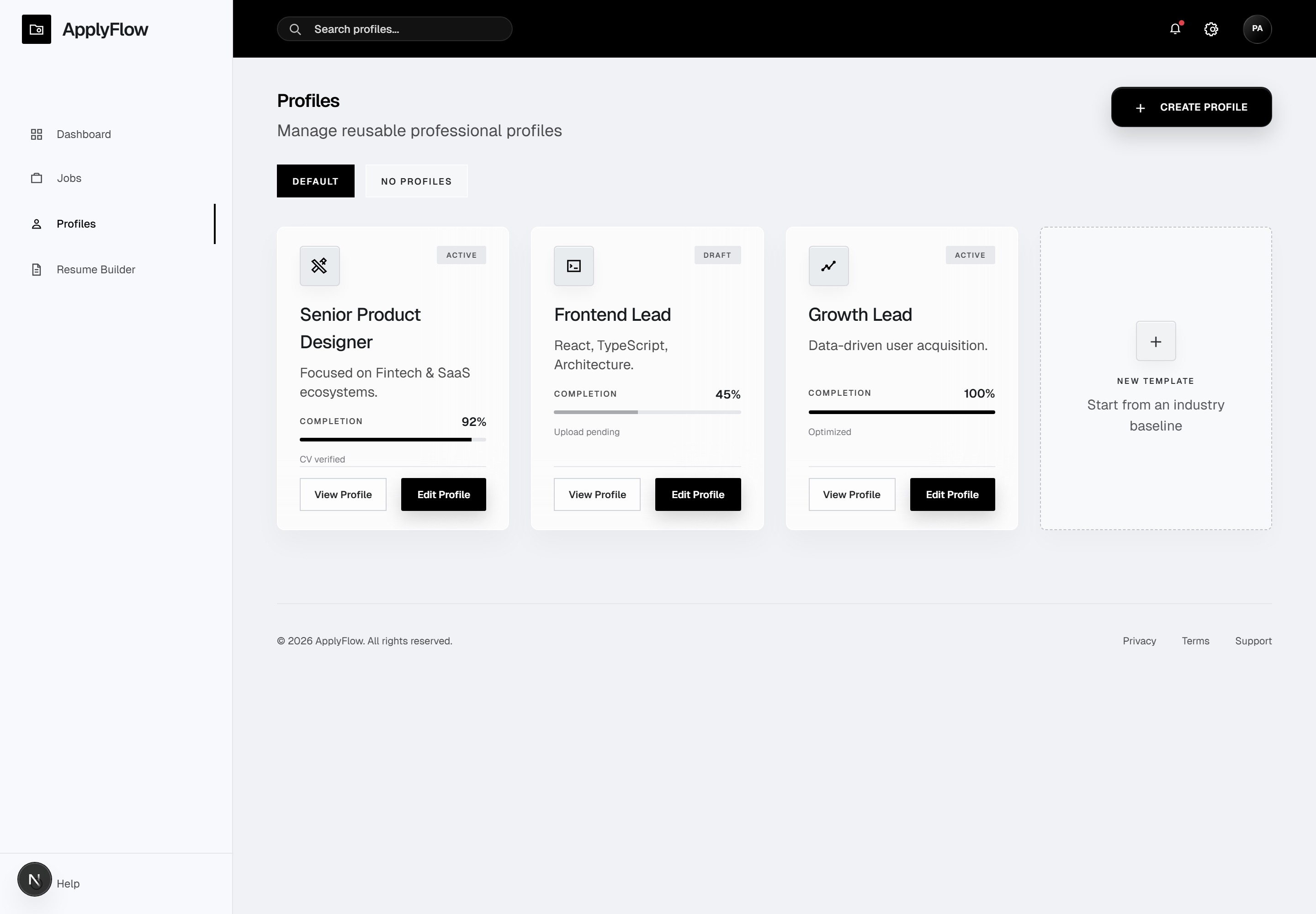 ApplyFlow profiles dashboard screenshot.