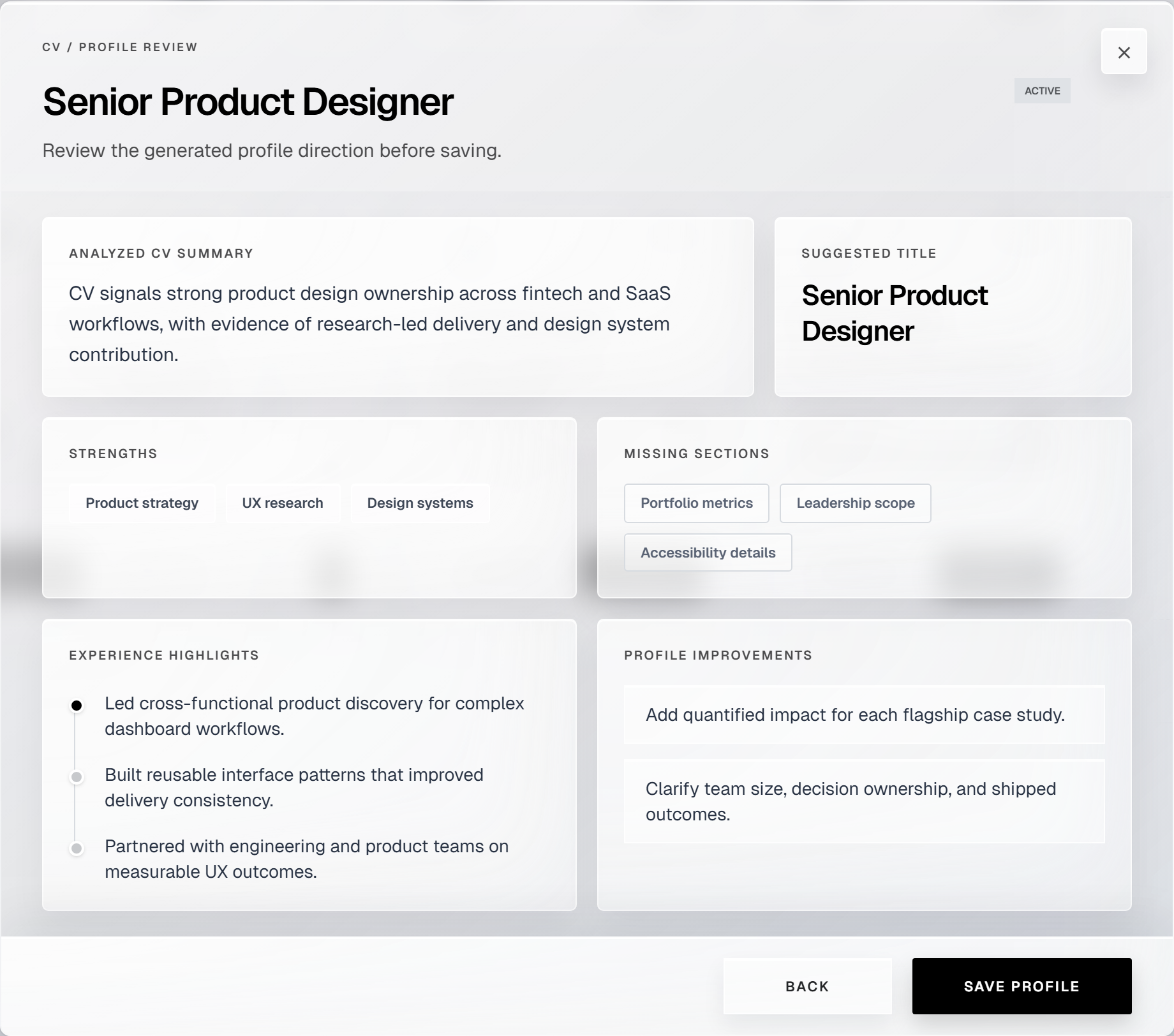 ApplyFlow CV review modal screenshot.