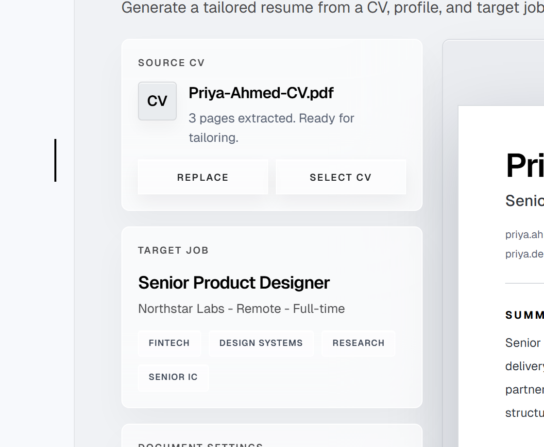 Resume Builder source and target panels screenshot.