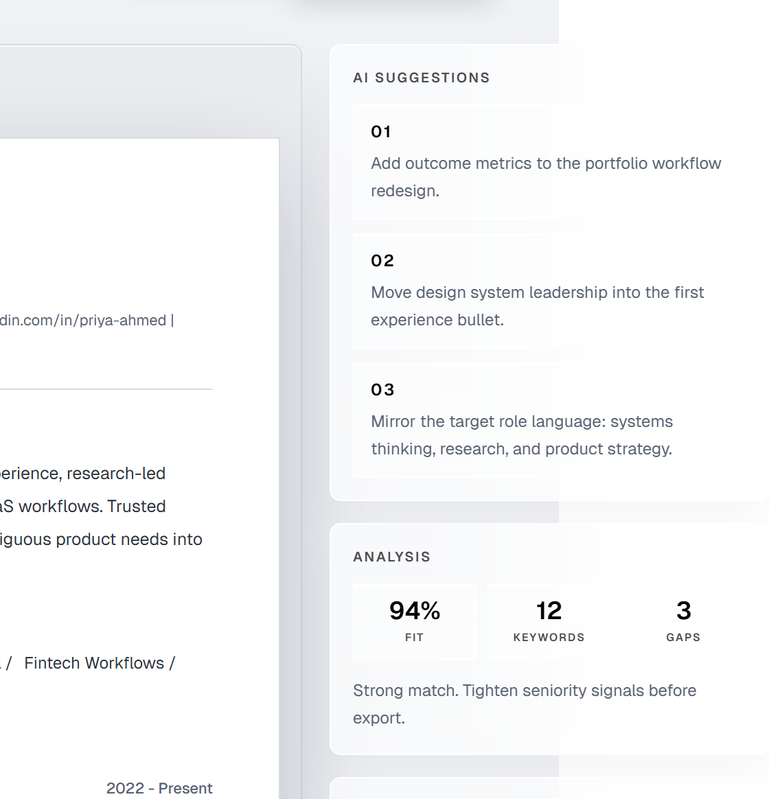 Resume Builder AI suggestions analysis screenshot.