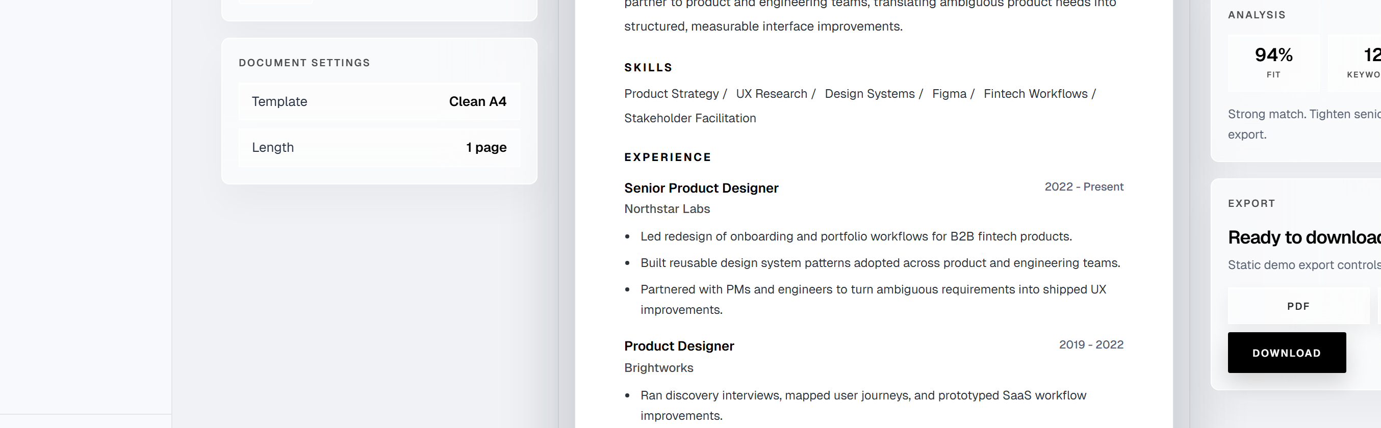 Resume Builder settings and export screenshot.