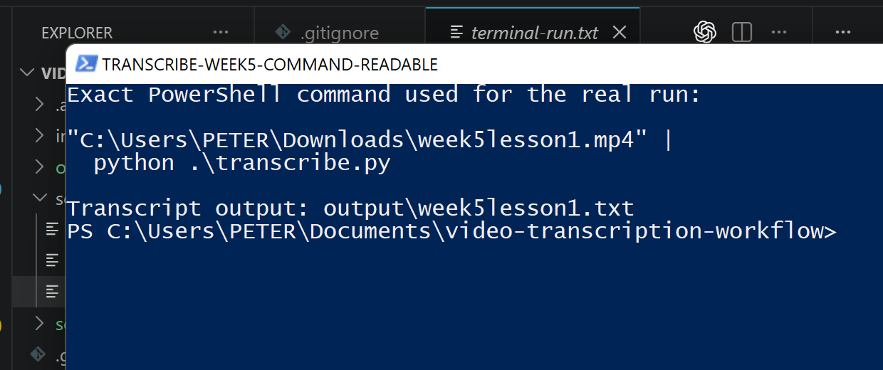Video Transcription start script screenshot.