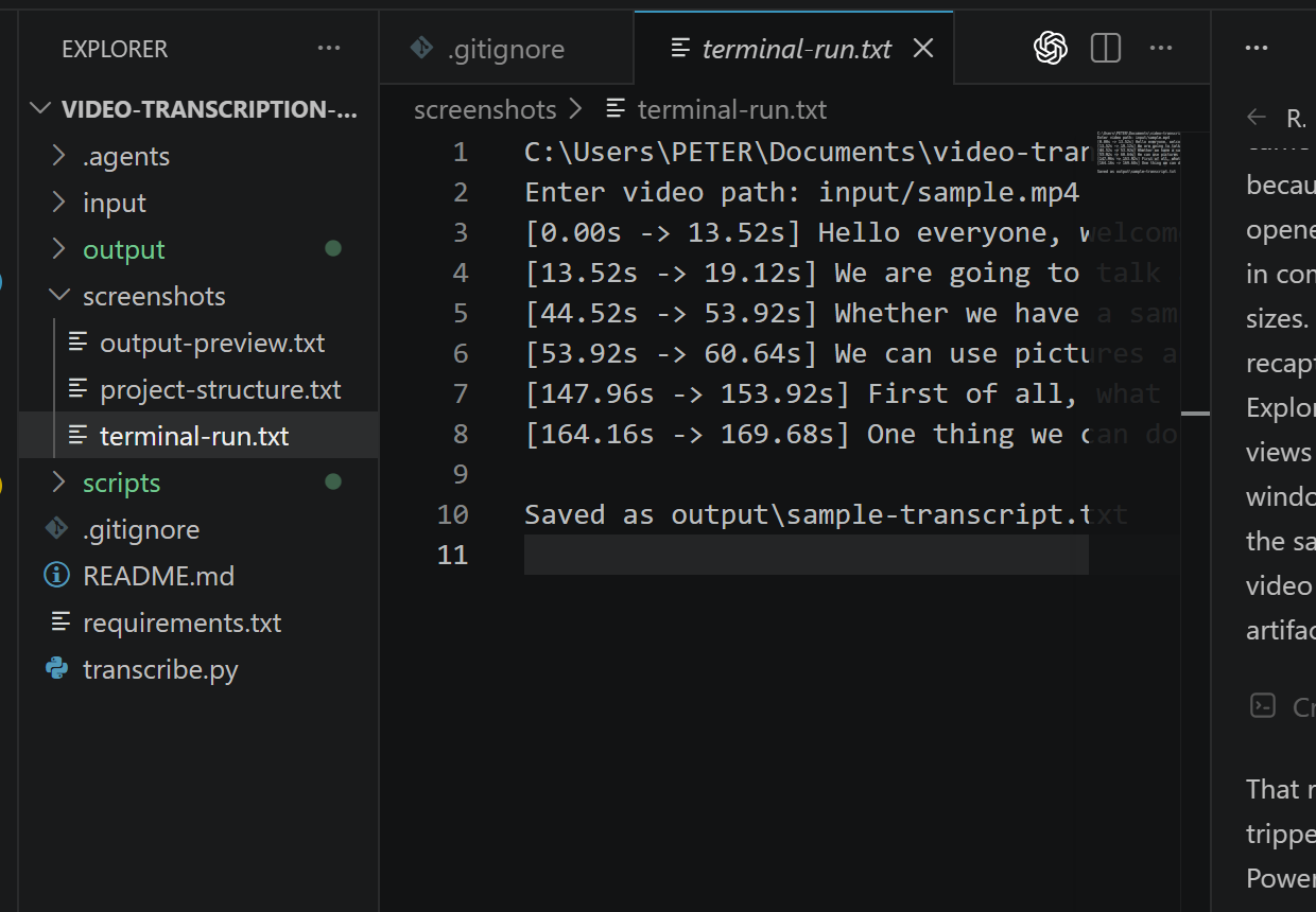 Video Transcription review result screenshot.